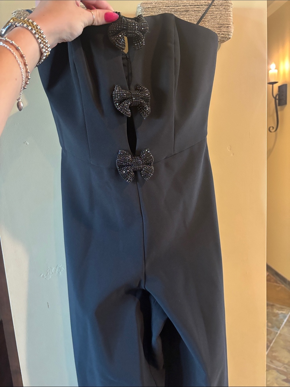 Strapless Black Jumpsuit with Beaded Bow Details